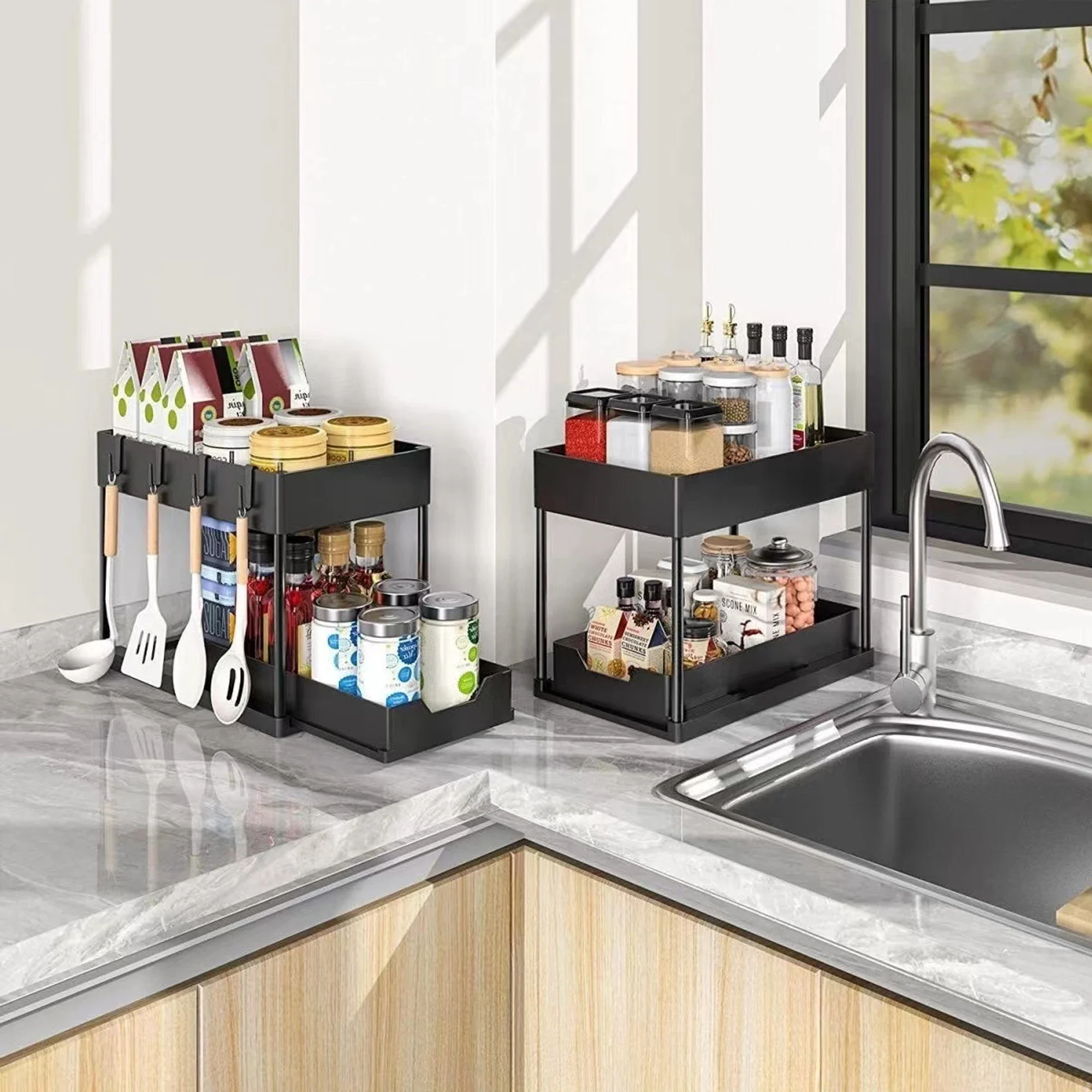 New 2 Tier Under Sink Pull Out Sliding Multi Function Space Saving Organizer Rack for Kitchen Bathroom New 2 Tier Under Sink Pull Out Sliding Multi Function Space Saving Organizer Rack for Kitchen Bathroom