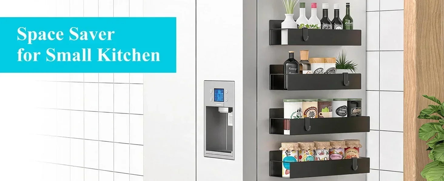 1-4 Pcs Metal Magnetic Spice Rack for Refrigerator Strong Magnet Organizer Shelves Black Spice Storage for Oven Washer and Dryer