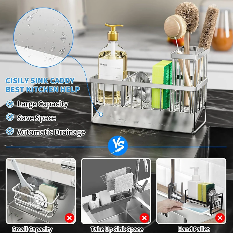 Sink Caddy Sponge Holder Sink Basket Brush Holder Dish Cloth Hanger Soap Rack Sink Stopper Holder Sponge For Kitchen