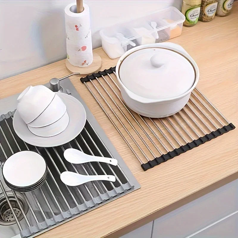 1pc Roll Up Dish Drying Rack Foldable Stainless Steel Sink Drainer Shelf for Bowl Plate Tableware Kitchen Storage Holder Use Set