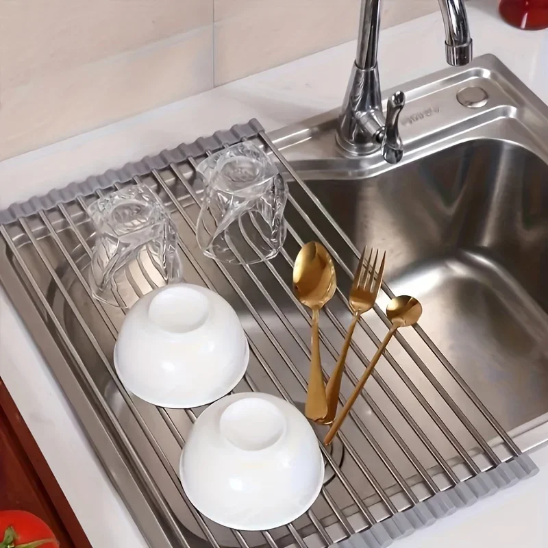 1pc Roll Up Dish Drying Rack Foldable Stainless Steel Sink Drainer Shelf for Bowl Plate Tableware Kitchen Storage Holder Use Set