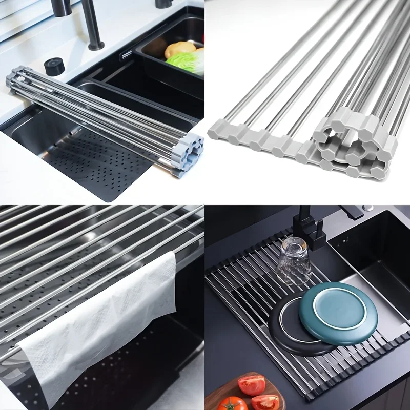 1pc Roll Up Dish Drying Rack Foldable Stainless Steel Sink Drainer Shelf for Bowl Plate Tableware Kitchen Storage Holder Use Set