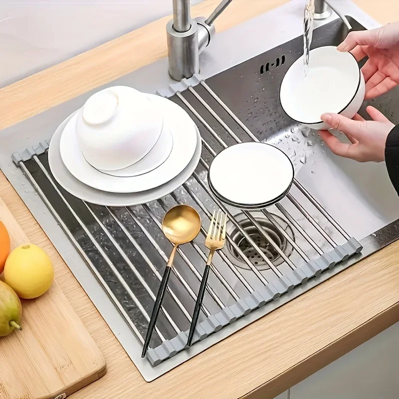 1pc Roll Up Dish Drying Rack Foldable Stainless Steel Sink Drainer Shelf for Bowl Plate Tableware Kitchen Storage Holder Use Set