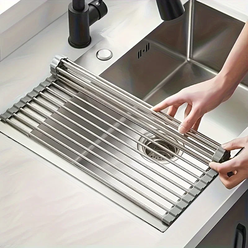 1pc Roll Up Dish Drying Rack Foldable Stainless Steel Sink Drainer Shelf for Bowl Plate Tableware Kitchen Storage Holder Use Set
