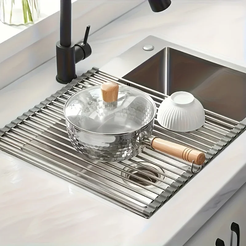 1pc Roll Up Dish Drying Rack Foldable Stainless Steel Sink Drainer Shelf for Bowl Plate Tableware Kitchen Storage Holder Use Set