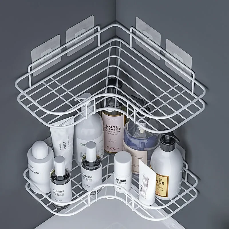 No Drill Wall Mounted Iron Bathroom Shelf Corner Shower Caddy Rustproof Storage Rack for Shampoo Cosmetics Organizer