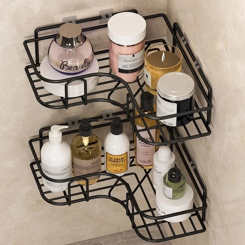 No Drill Wall Mounted Iron Bathroom Shelf Corner Shower Caddy Rustproof Storage Rack for Shampoo Cosmetics Organizer