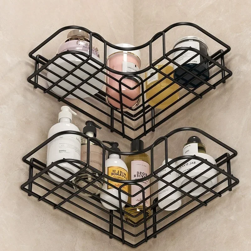 No Drill Wall Mounted Iron Bathroom Shelf Corner Shower Caddy Rustproof Storage Rack for Shampoo Cosmetics Organizer