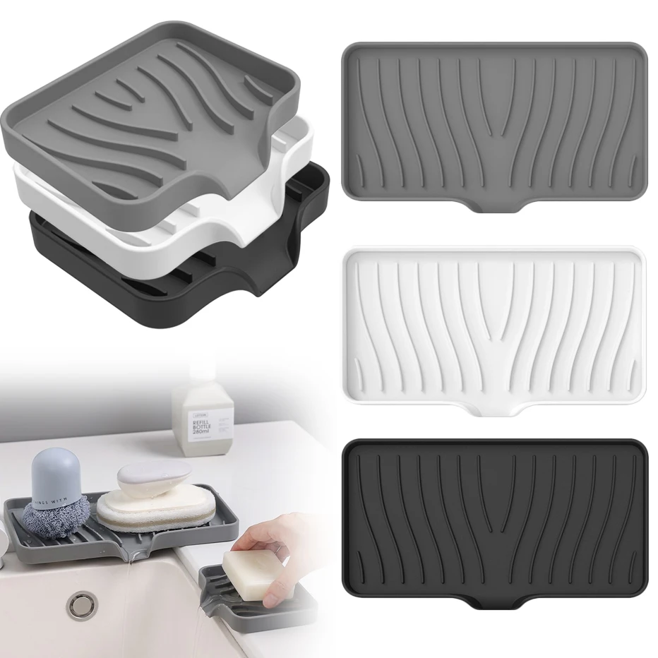 Self Draining Soap Bar Holder Silicone Kitchen Sink Soap Dish Sponge Tray Counter Caddy Organizer for Dish Soap Dispenser Self Draining Soap Bar Holder Silicone Kitchen Sink Soap Dish Sponge Tray Counter Caddy Organizer for Dish Soap Dispenser
