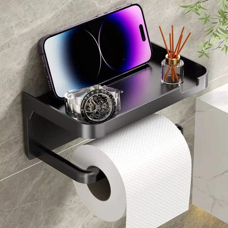 Wall Mounted Toilet Paper Holder with Phone Napkins Shelf Bathroom Tissue Roll Holder with Storage Tray Paper Phone Storage