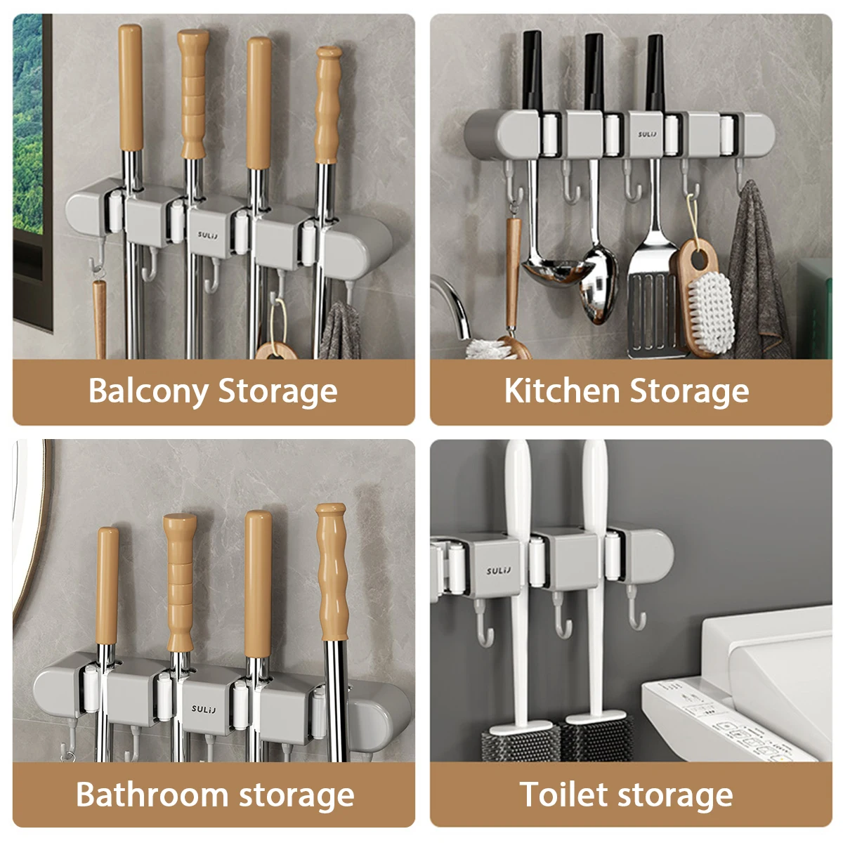 Broom Mop Holder with Hooks Wall Mounted Broom Storage Rack No Drilling Self-Adhesive Mop Broom Organizer for Bathroom Broom Mop Holder with Hooks Wall Mounted Broom Storage Rack No Drilling Self-Adhesive Mop Broom Organizer for Bathroom