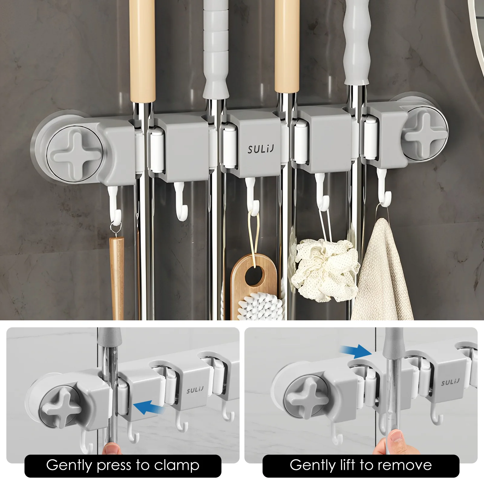 Broom Mop Holder with Hooks Wall Mounted Broom Storage Rack No Drilling Self-Adhesive Mop Broom Organizer for Bathroom Broom Mop Holder with Hooks Wall Mounted Broom Storage Rack No Drilling Self-Adhesive Mop Broom Organizer for Bathroom