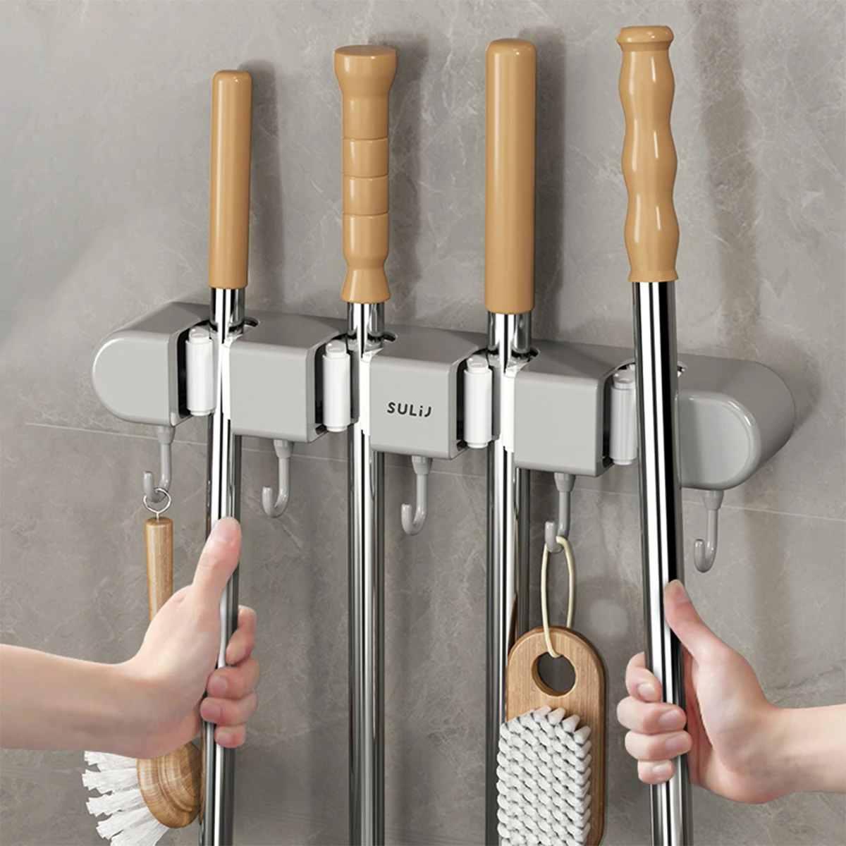 Broom Mop Holder with Hooks Wall Mounted Broom Storage Rack No Drilling Self-Adhesive Mop Broom Organizer for Bathroom Broom Mop Holder with Hooks Wall Mounted Broom Storage Rack No Drilling Self-Adhesive Mop Broom Organizer for Bathroom