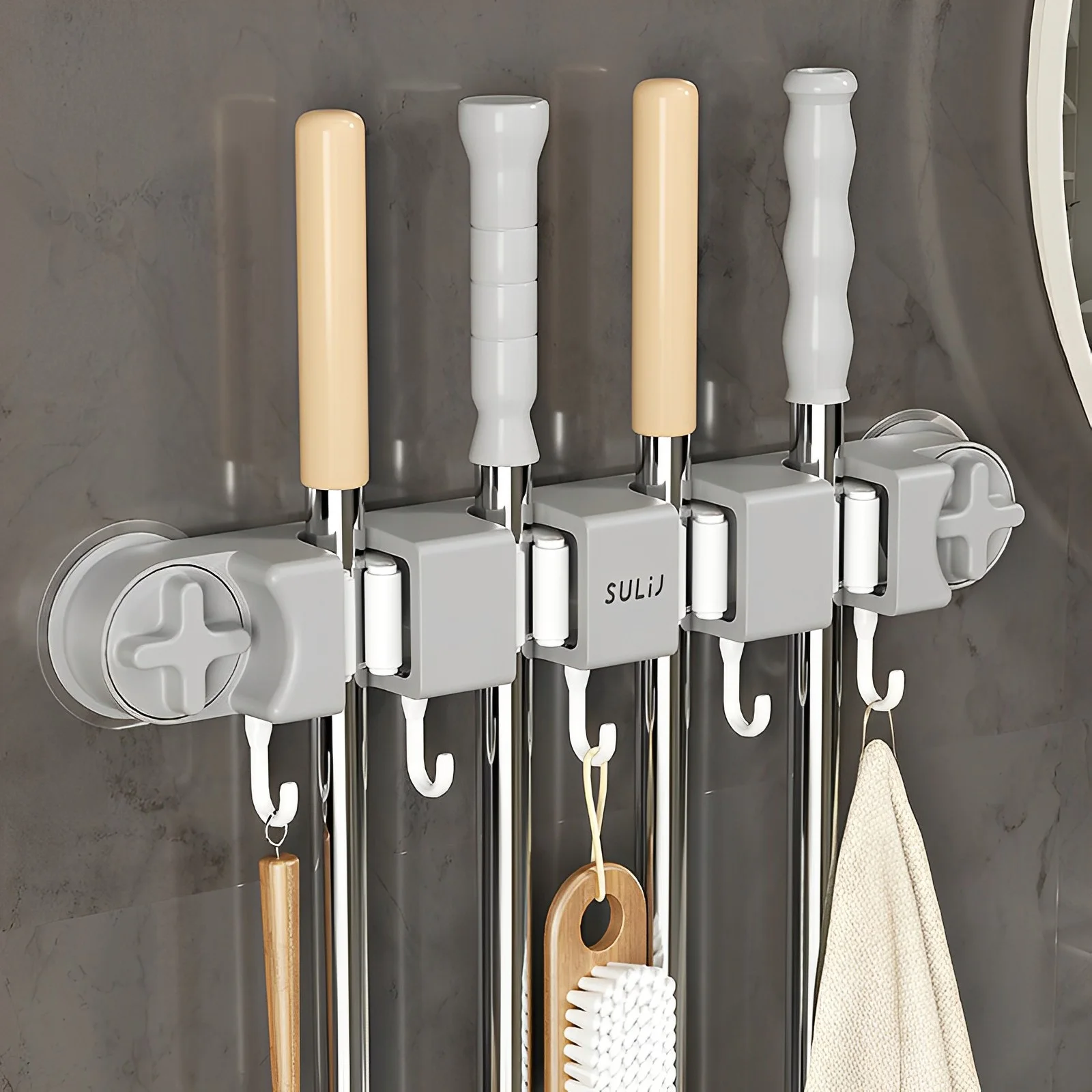 Broom Mop Holder with Hooks Wall Mounted Broom Storage Rack No Drilling Self-Adhesive Mop Broom Organizer for Bathroom Broom Mop Holder with Hooks Wall Mounted Broom Storage Rack No Drilling Self-Adhesive Mop Broom Organizer for Bathroom