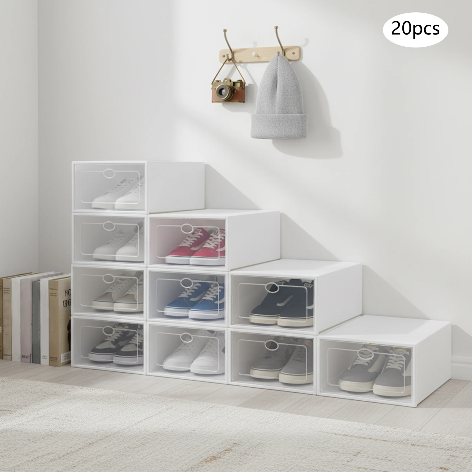 20Pcs Stackable Shoe Storage Box, Foldable Plastic Shoe Organizer with Transparent Door, Dustproof Container for Closet 20Pcs Stackable Shoe Storage Box, Foldable Plastic Shoe Organizer with Transparent Door, Dustproof Container for Closet