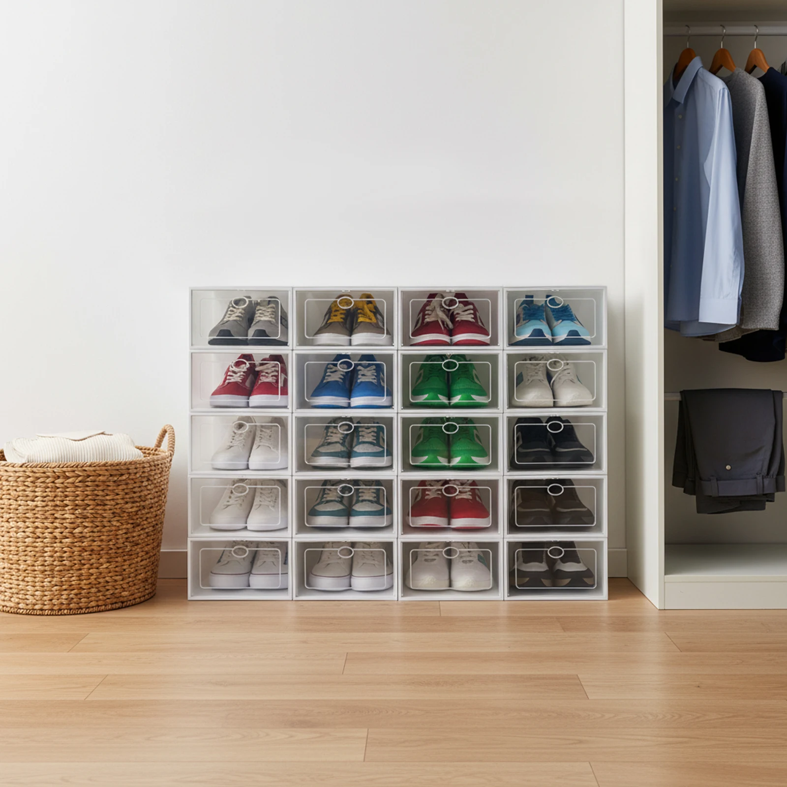 20Pcs Stackable Shoe Storage Box, Foldable Plastic Shoe Organizer with Transparent Door, Dustproof Container for Closet 20Pcs Stackable Shoe Storage Box, Foldable Plastic Shoe Organizer with Transparent Door, Dustproof Container for Closet