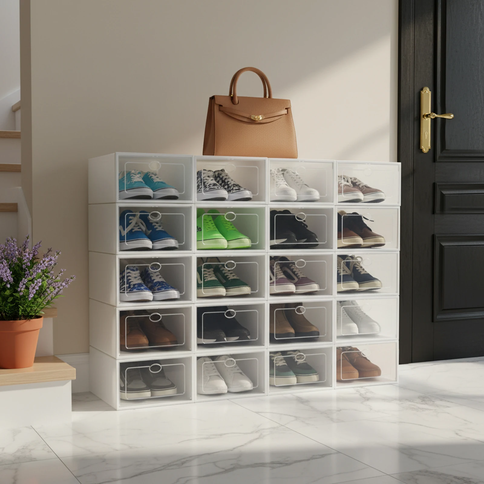 20Pcs Stackable Shoe Storage Box, Foldable Plastic Shoe Organizer with Transparent Door, Dustproof Container for Closet 20Pcs Stackable Shoe Storage Box, Foldable Plastic Shoe Organizer with Transparent Door, Dustproof Container for Closet