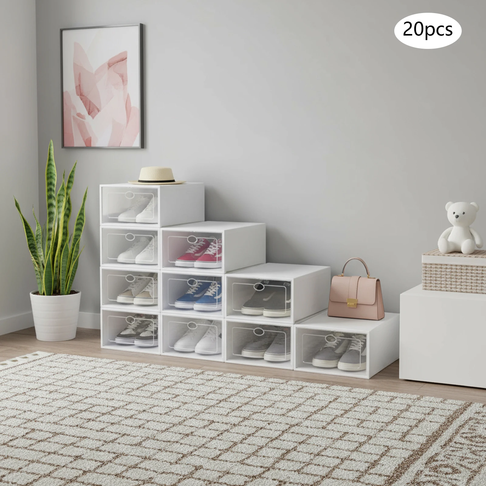 20Pcs Stackable Shoe Storage Box, Foldable Plastic Shoe Organizer with Transparent Door, Dustproof Container for Closet 20Pcs Stackable Shoe Storage Box, Foldable Plastic Shoe Organizer with Transparent Door, Dustproof Container for Closet