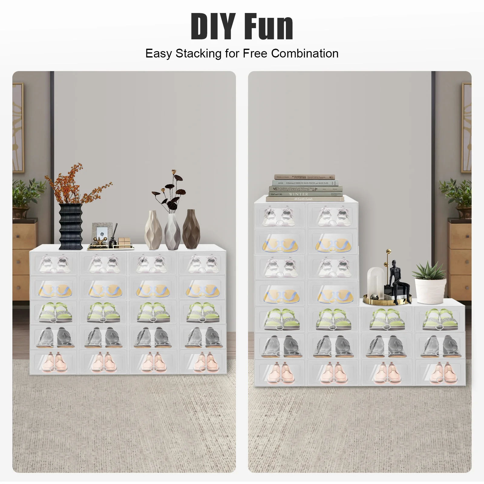 20Pcs Stackable Shoe Storage Box, Foldable Plastic Shoe Organizer with Transparent Door, Dustproof Container for Closet 20Pcs Stackable Shoe Storage Box, Foldable Plastic Shoe Organizer with Transparent Door, Dustproof Container for Closet