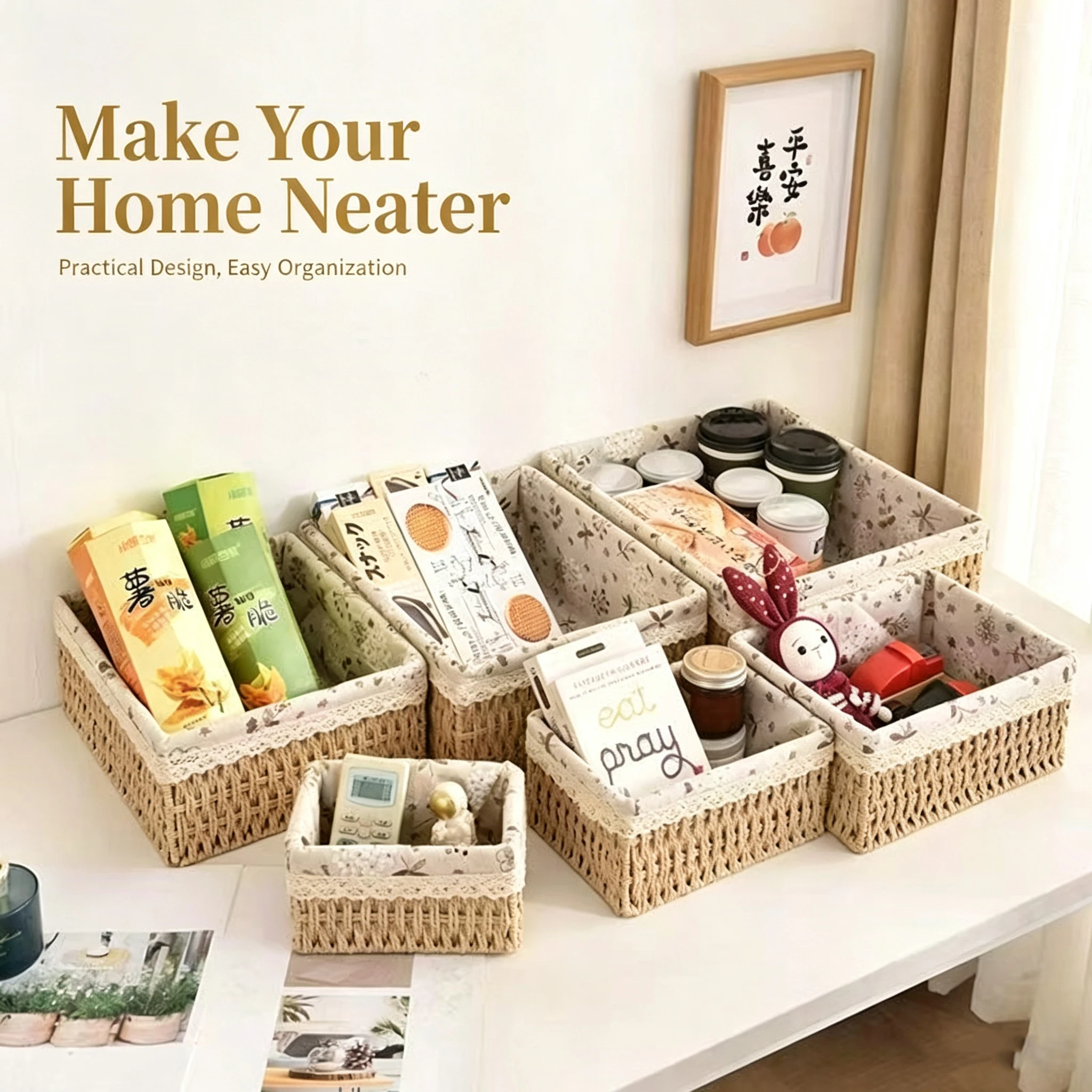 Rattan Storage Basket Desktop Organizer Box Remote Control Snack Storage Bin Bedside Table Coffee Table Decorative Organizer