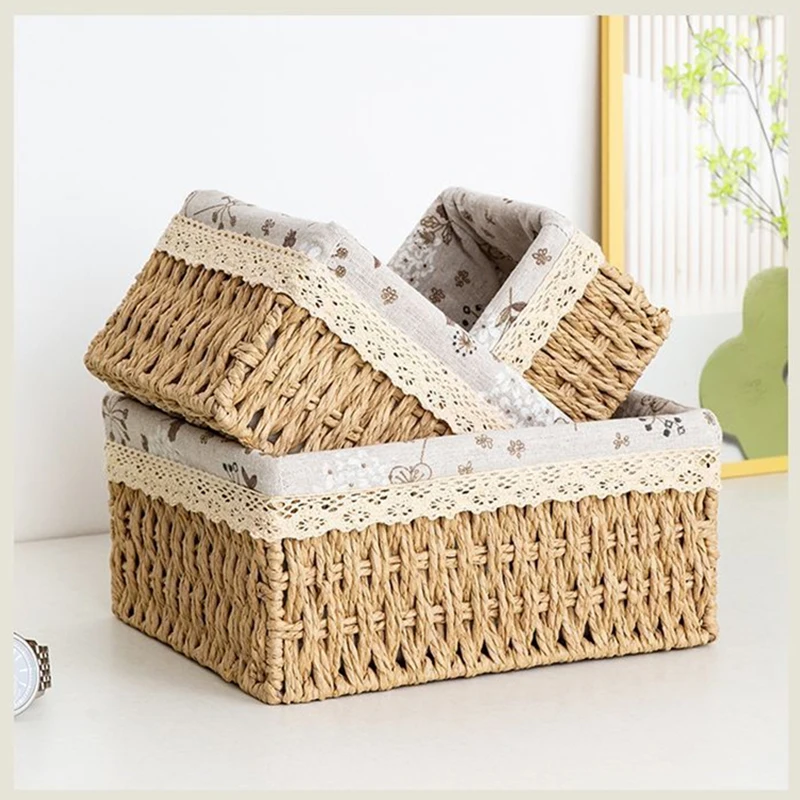 Rattan Storage Basket Desktop Organizer Box Remote Control Snack Storage Bin Bedside Table Coffee Table Decorative Organizer