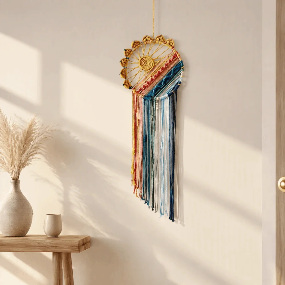 Artistic 100cm Macrame Wall Hanging Boho Style Tassel Woven Tapestry Sun Woven Dream Catcher Decor For Bedroom
