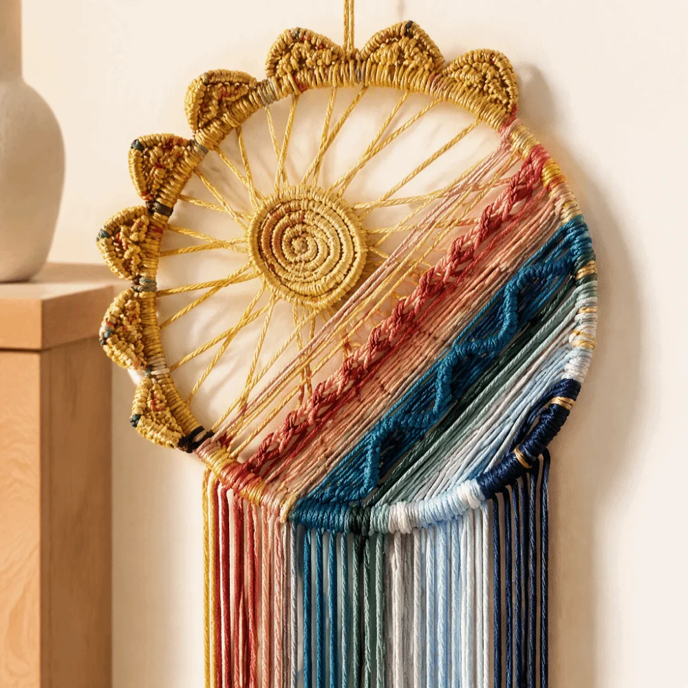 Artistic 100cm Macrame Wall Hanging Boho Style Tassel Woven Tapestry Sun Woven Dream Catcher Decor For Bedroom