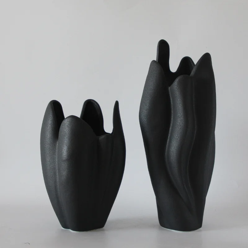 Ceramic Vase Nordic Living Room Black Flower Vase Desk Decoration Dried Flower Flame Living Room Desktop Art Flower Pot
