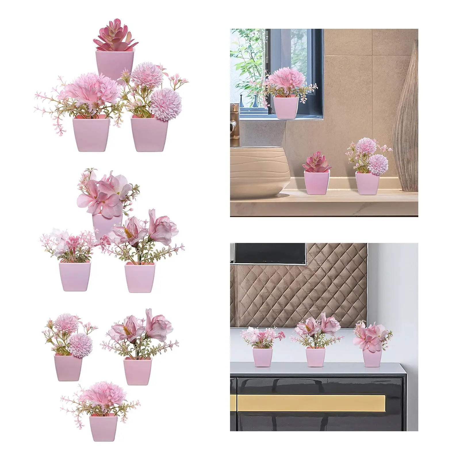 Compact Artificial Potted Flowers Set Mini Realistic Plants Home Desk Decor Bouquet for Bathroom Office Shelf Compact Artificial Potted Flowers Set Mini Realistic Plants Home Desk Decor Bouquet for Bathroom Office Shelf