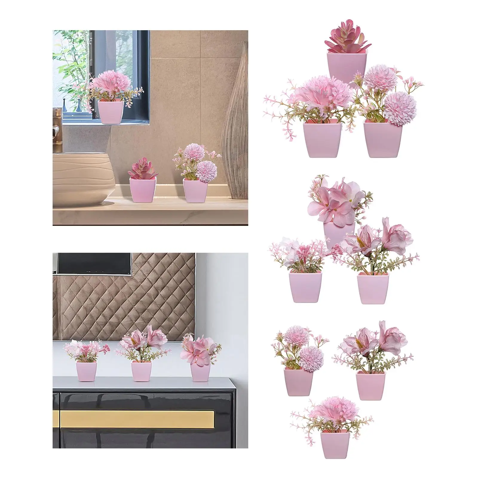 Compact Artificial Potted Flowers Set Mini Realistic Plants Home Desk Decor Bouquet for Bathroom Office Shelf Compact Artificial Potted Flowers Set Mini Realistic Plants Home Desk Decor Bouquet for Bathroom Office Shelf