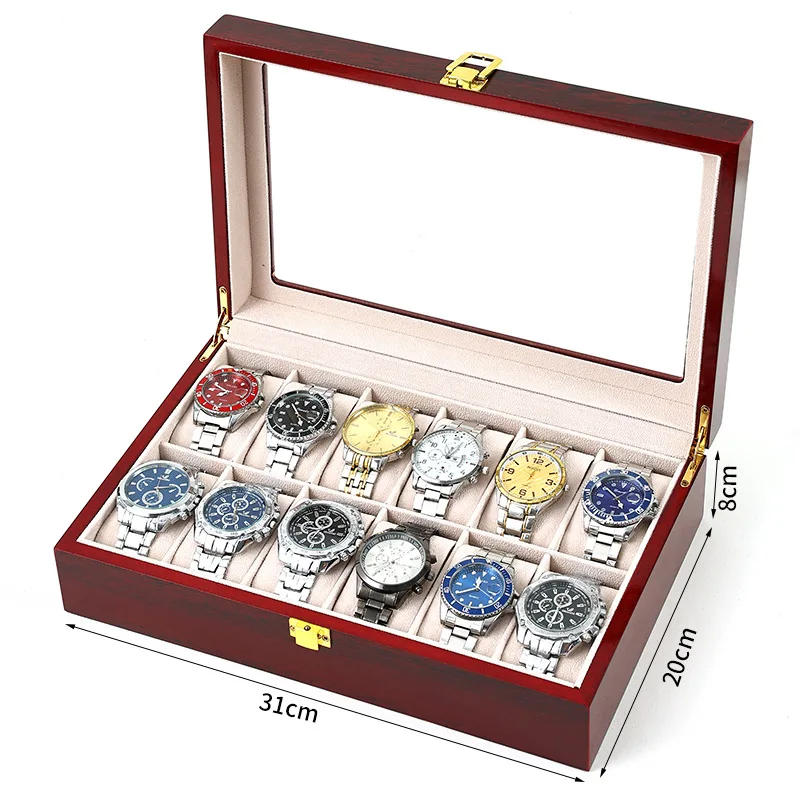 2/3/5/6/10/12 Slots Watch Box Organizer Red Piano With Red Paint Wooden Jewelry Storage Case Men Glass Top Watches Display Boxes