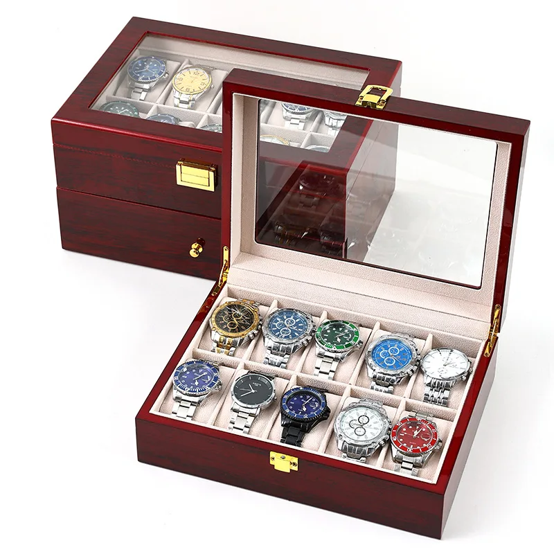 2/3/5/6/10/12 Slots Watch Box Organizer Red Piano With Red Paint Wooden Jewelry Storage Case Men Glass Top Watches Display Boxes