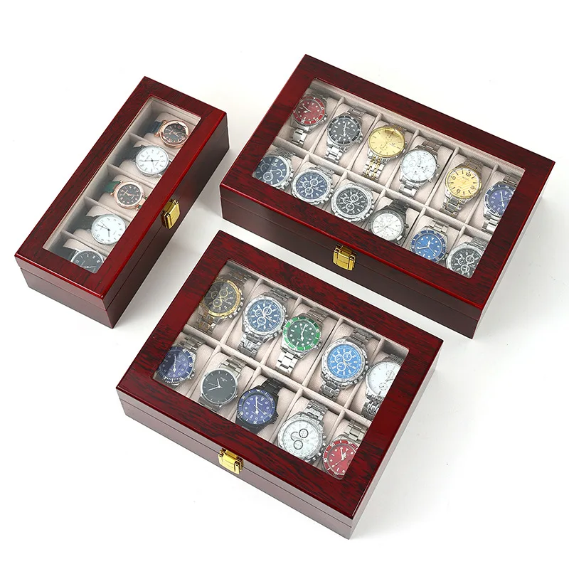2/3/5/6/10/12 Slots Watch Box Organizer Red Piano With Red Paint Wooden Jewelry Storage Case Men Glass Top Watches Display Boxes