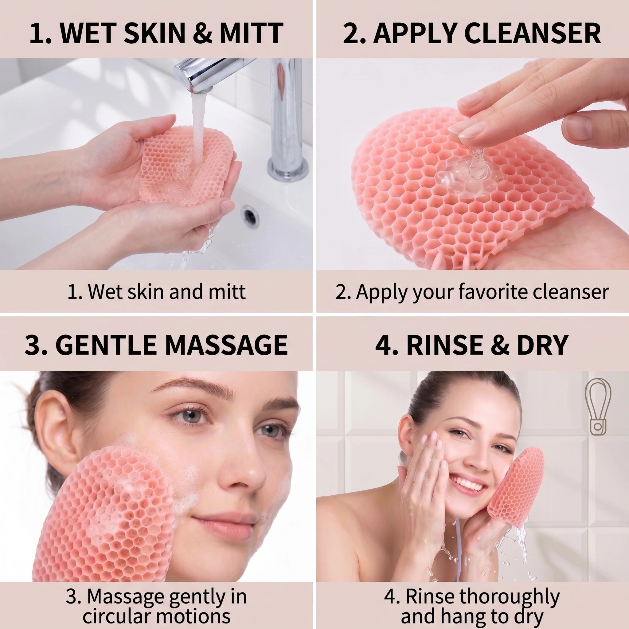 Honeycomb Exfoliating Shower Finger Caps, available in multiple colors, cleanses the skin and is safe, breathable and odorless. Honeycomb Exfoliating Shower Finger Caps, available in multiple colors, cleanses the skin and is safe, breathable and odorless.