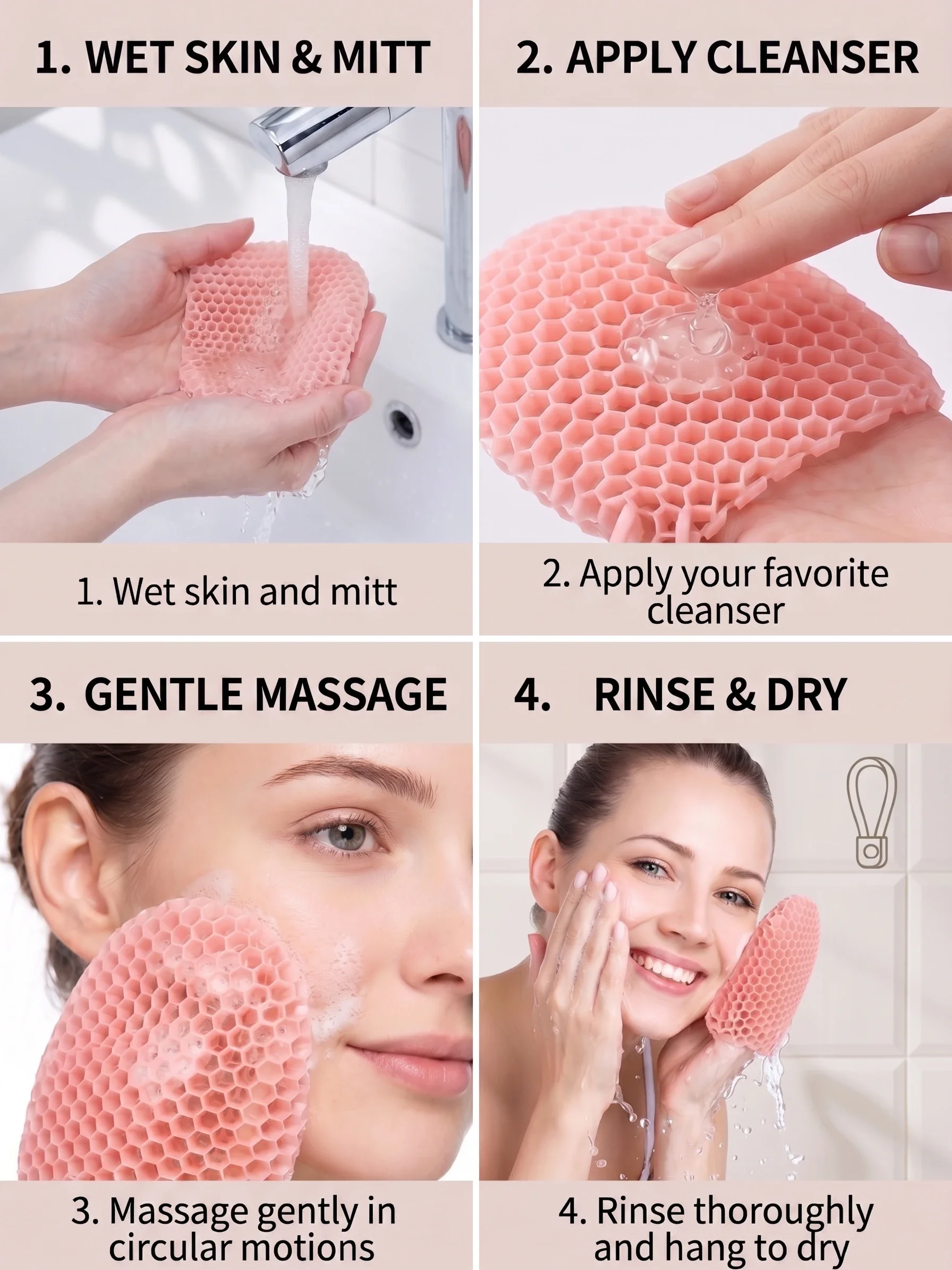 Honeycomb Exfoliating Shower Finger Caps, available in multiple colors, cleanses the skin and is safe, breathable and odorless.