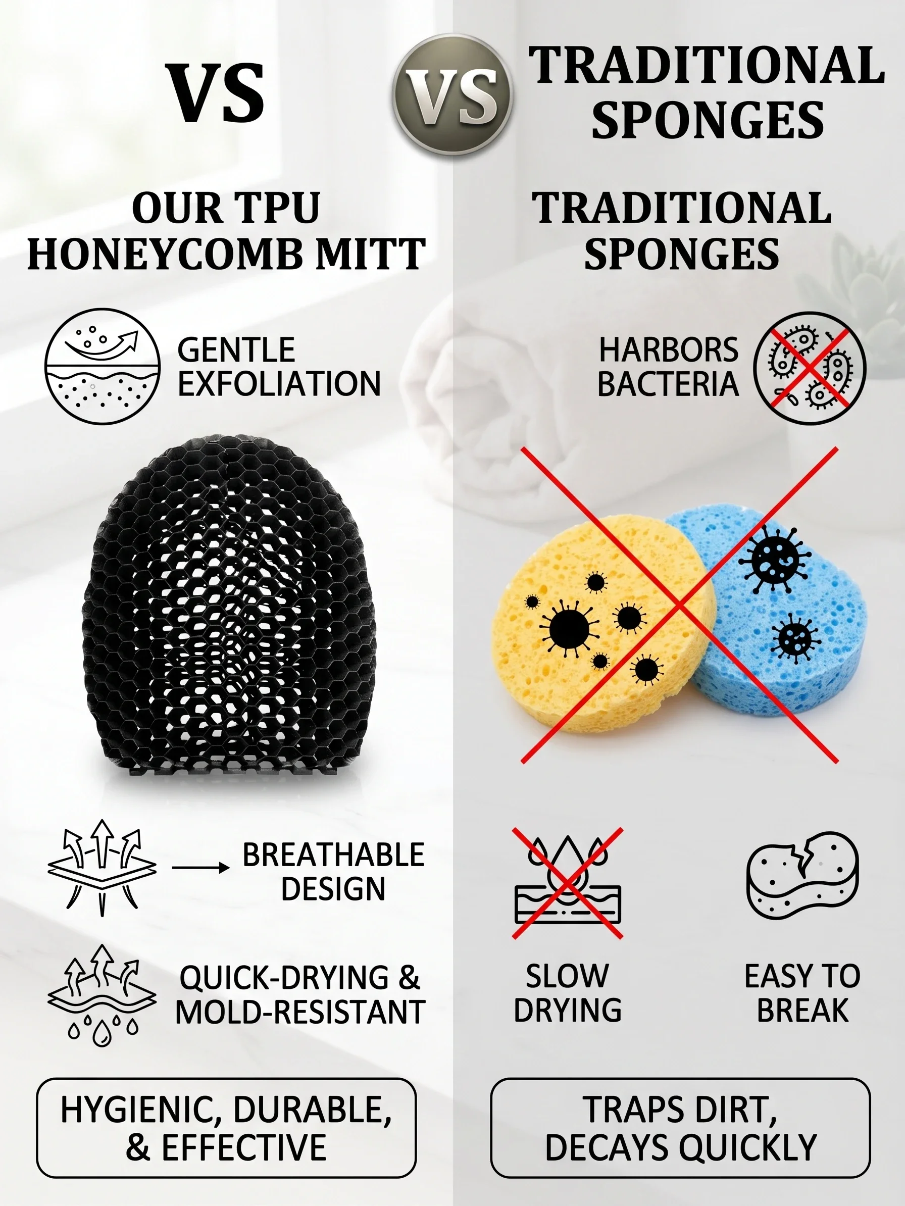 Honeycomb Exfoliating Shower Finger Caps, available in multiple colors, cleanses the skin and is safe, breathable and odorless.