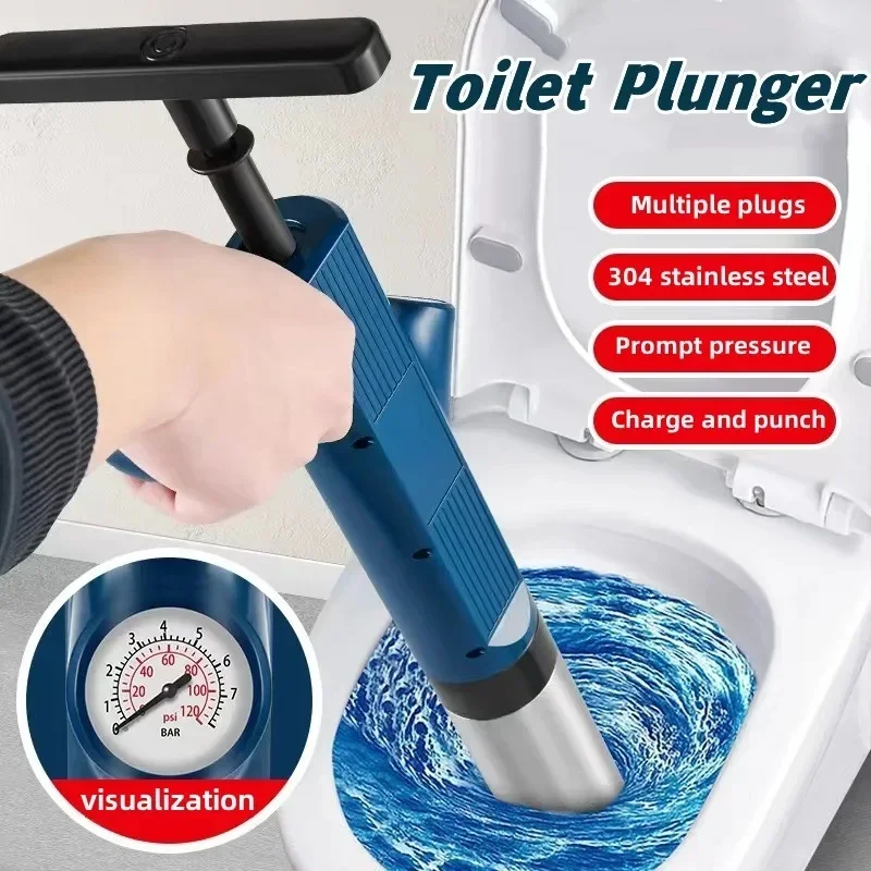 Powerful Toilet Plunger Stainless Steel Pipe Dredger Unblocker Pneumatic High-pressure Dredging Air Drain Blaster Tool Set