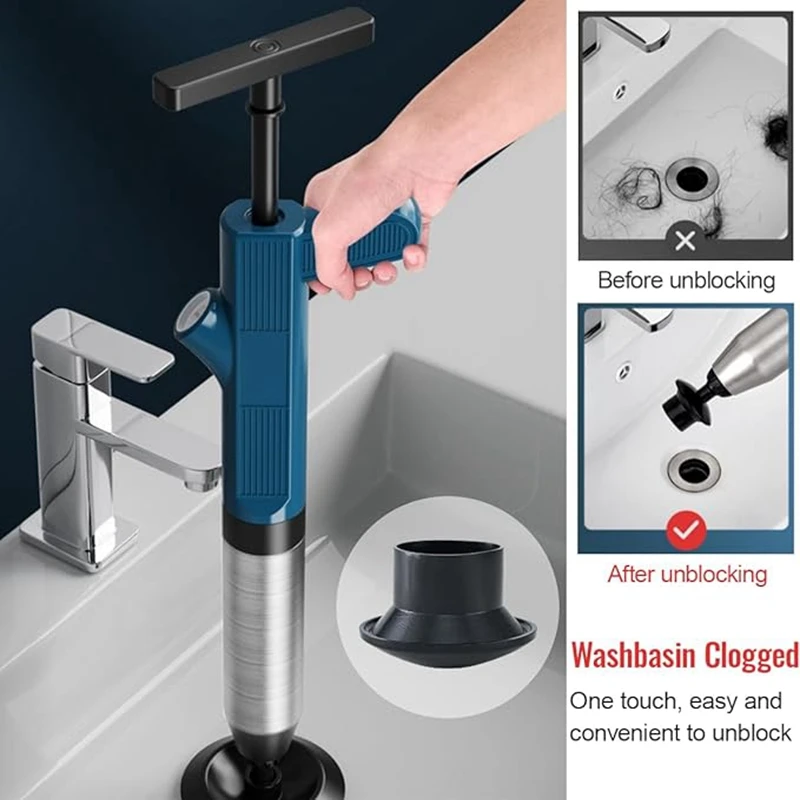 Powerful Toilet Plunger Stainless Steel Pipe Dredger Unblocker Pneumatic High-pressure Dredging Air Drain Blaster Tool Set