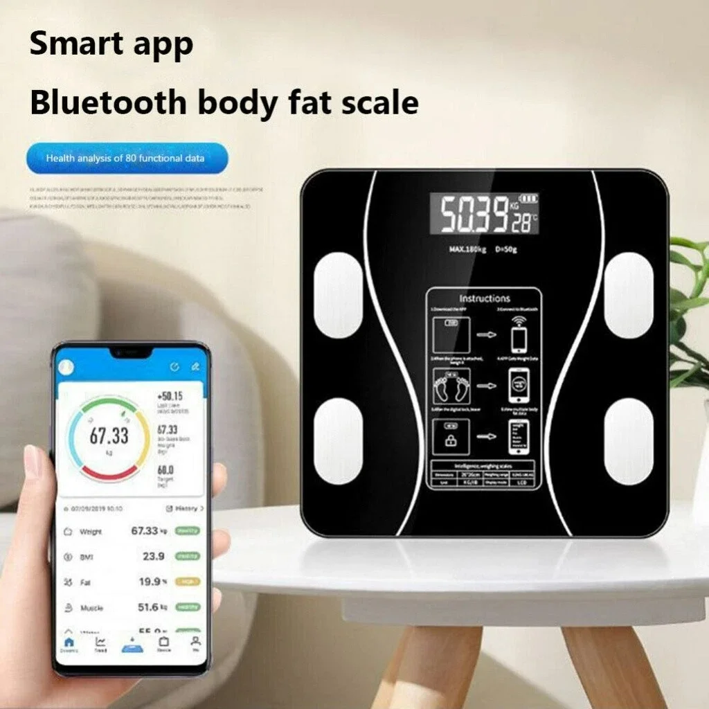 Digital Bathroom Scales with Body Fat Analysis Bluetooth Smart Weighing Scale 180kg 400lb BMI BMR Body Water Muscle Bone Mass LCD Display Tempered Glass USB Rechargeable Personal Scale