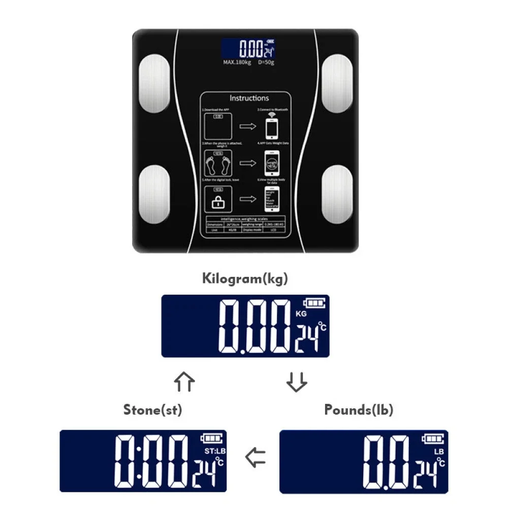 Digital Bathroom Scales with Body Fat Analysis Bluetooth Smart Weighing Scale 180kg 400lb BMI BMR Body Water Muscle Bone Mass LCD Display Tempered Glass USB Rechargeable Personal Scale