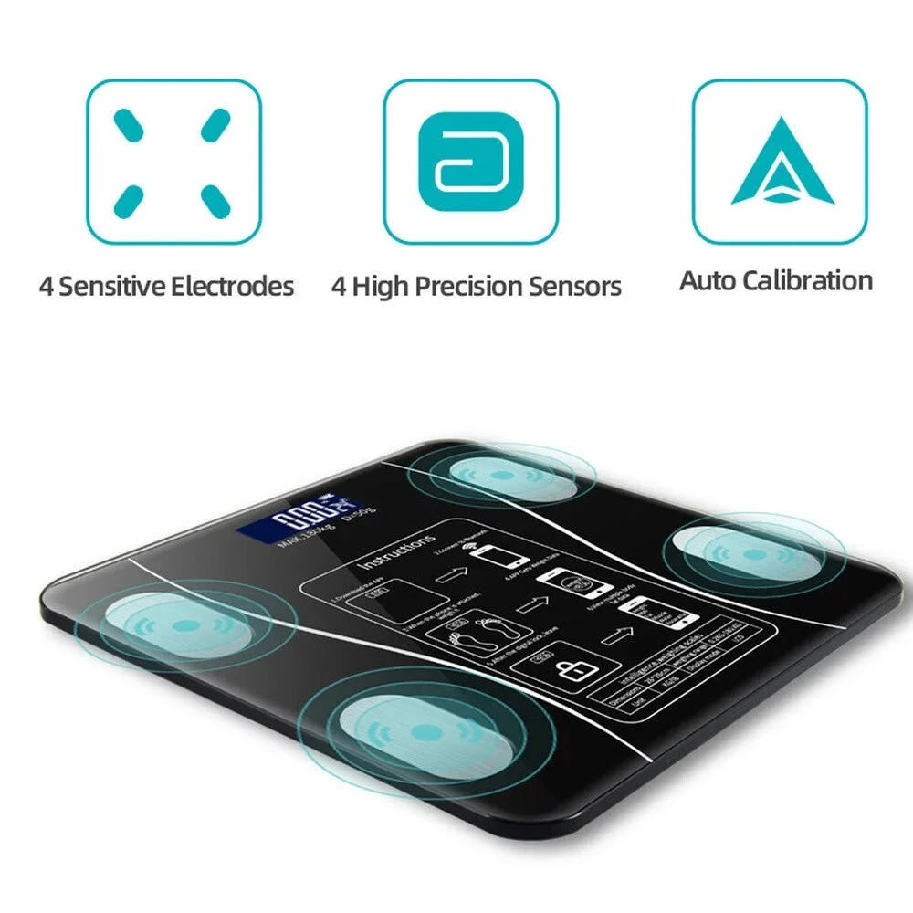 Digital Bathroom Scales with Body Fat Analysis Bluetooth Smart Weighing Scale 180kg 400lb BMI BMR Body Water Muscle Bone Mass LCD Display Tempered Glass USB Rechargeable Personal Scale