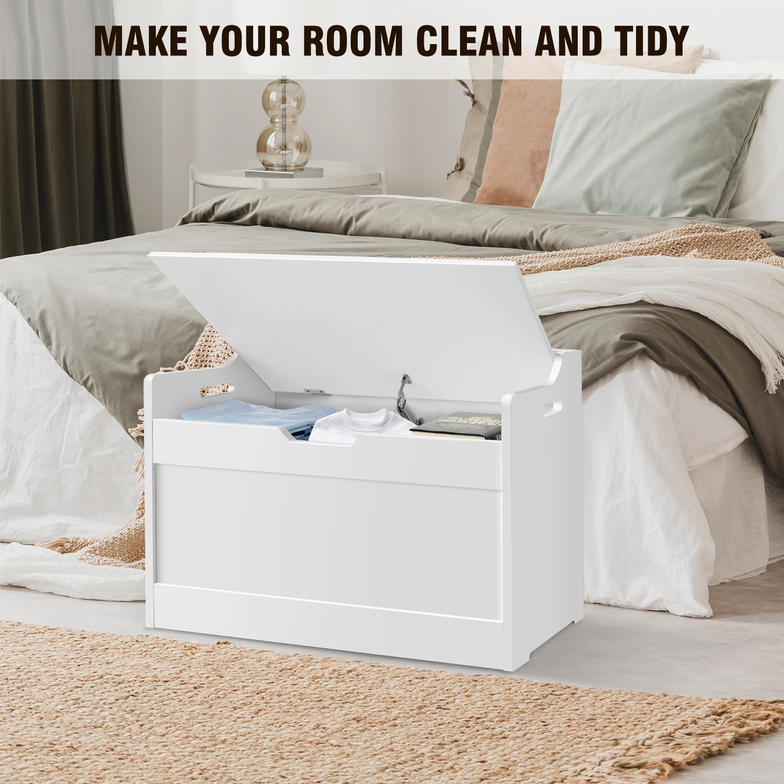 Wooden Storage Box with Lid Bench, 2-in-1 Toy and Blanket Box for Playroom or Bedroom, Large Capacity,Safety Hinges Wooden Storage Box with Lid Bench, 2-in-1 Toy and Blanket Box for Playroom or Bedroom, Large Capacity,Safety Hinges