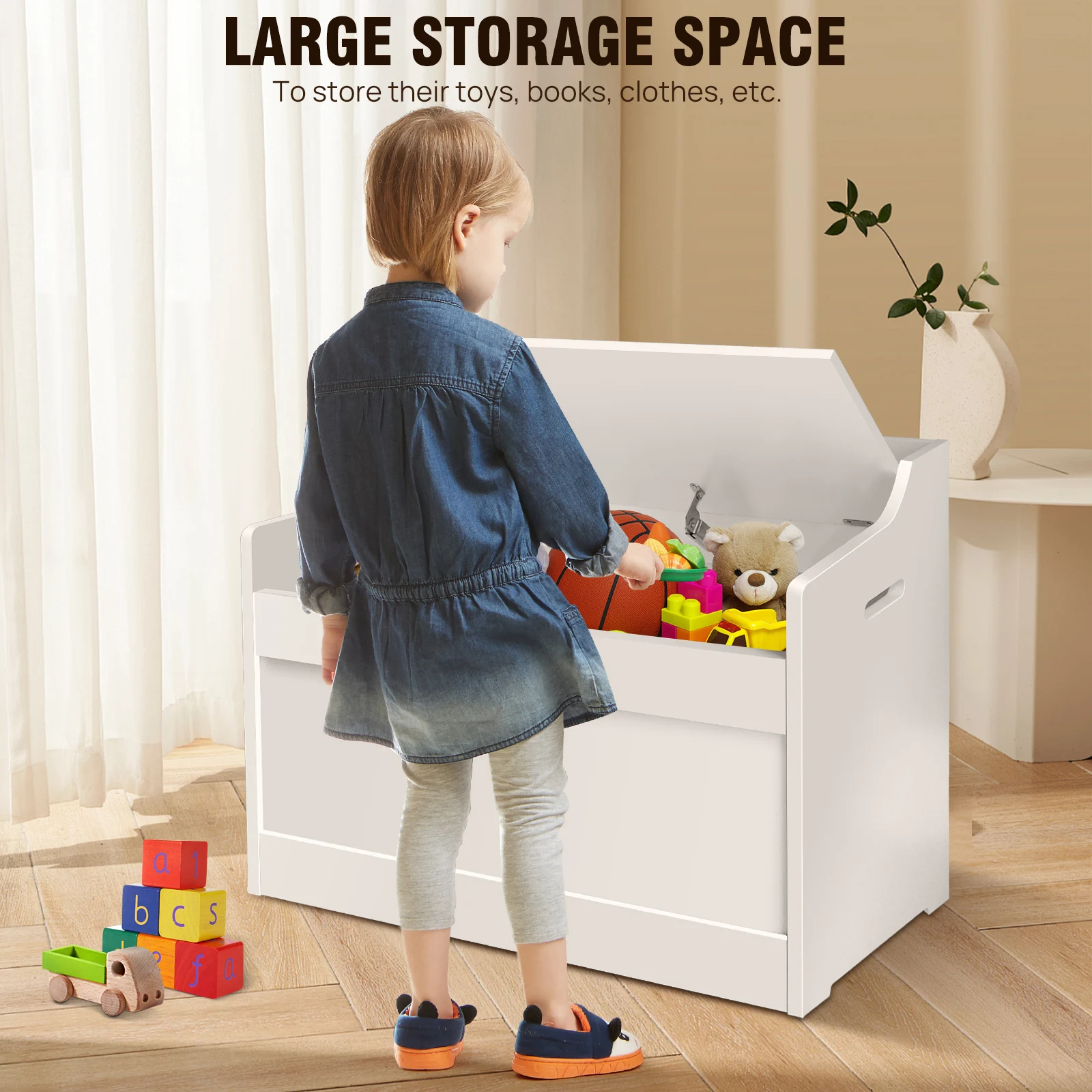 Wooden Storage Box with Lid Bench, 2-in-1 Toy and Blanket Box for Playroom or Bedroom, Large Capacity,Safety Hinges Wooden Storage Box with Lid Bench, 2-in-1 Toy and Blanket Box for Playroom or Bedroom, Large Capacity,Safety Hinges