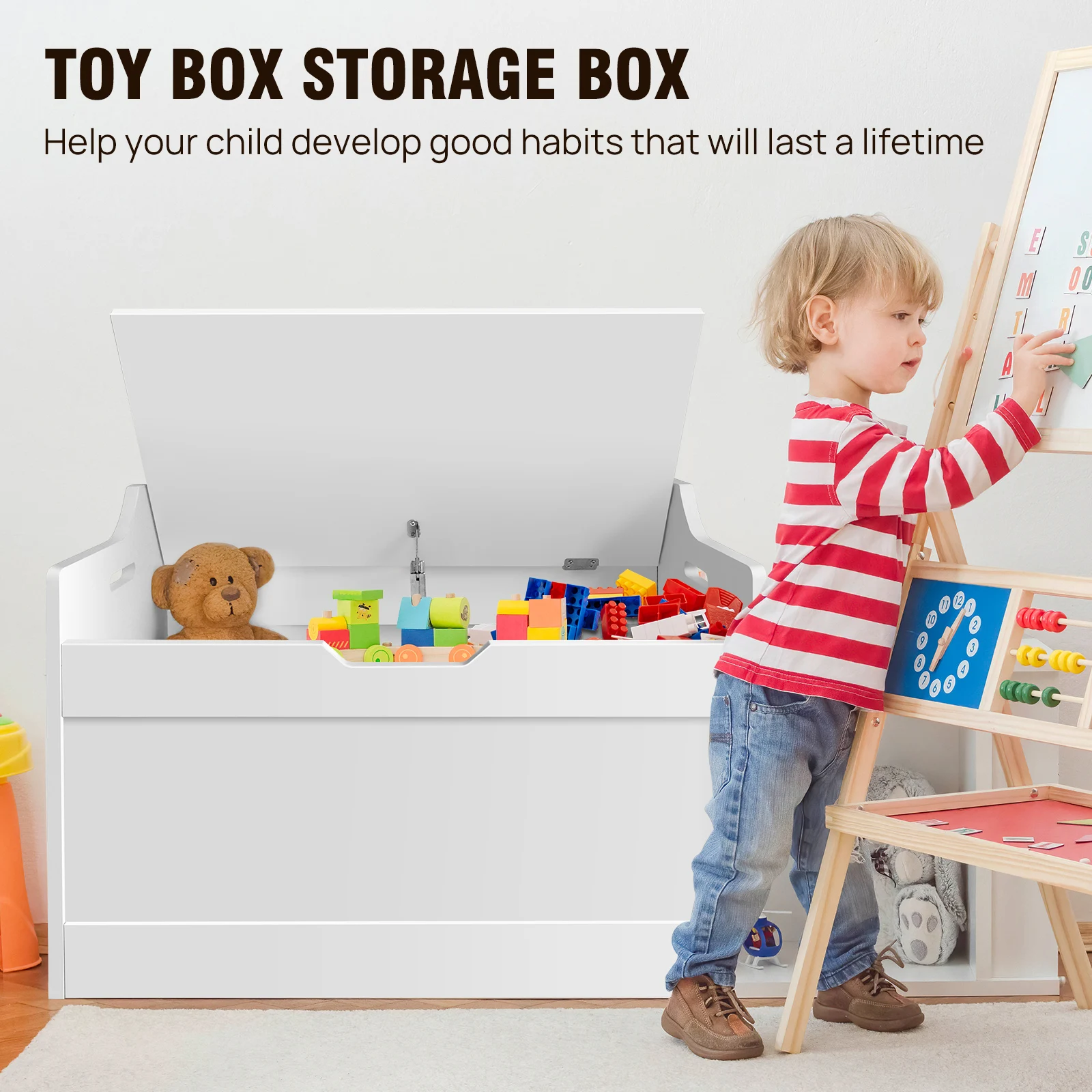 Wooden Storage Box with Lid Bench, 2-in-1 Toy and Blanket Box for Playroom or Bedroom, Large Capacity,Safety Hinges Wooden Storage Box with Lid Bench, 2-in-1 Toy and Blanket Box for Playroom or Bedroom, Large Capacity,Safety Hinges