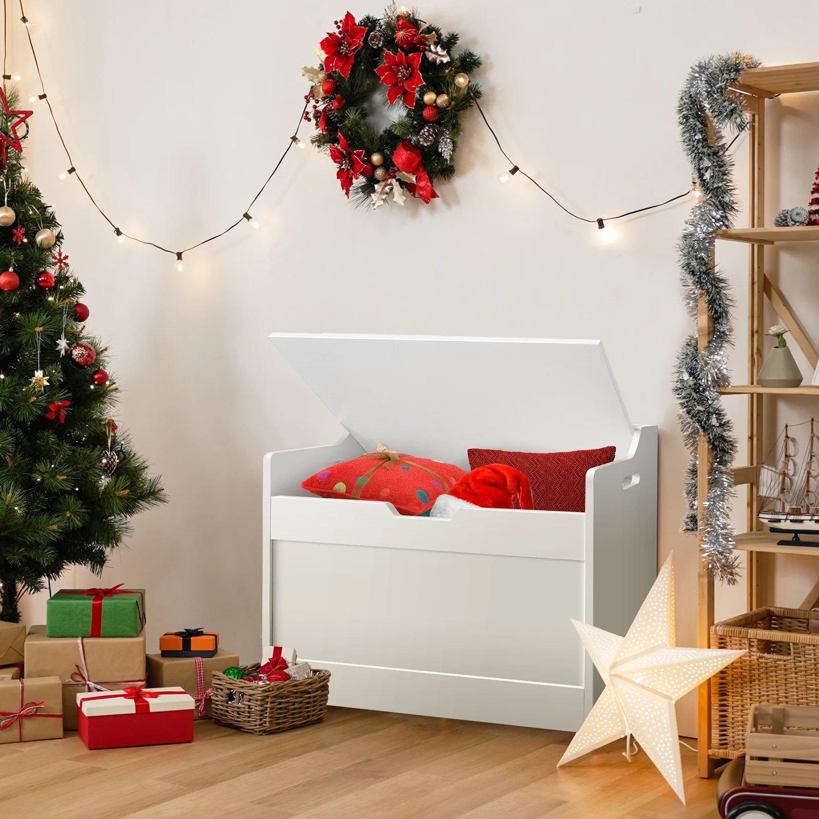 Wooden Storage Box with Lid Bench, 2-in-1 Toy and Blanket Box for Playroom or Bedroom, Large Capacity,Safety Hinges Wooden Storage Box with Lid Bench, 2-in-1 Toy and Blanket Box for Playroom or Bedroom, Large Capacity,Safety Hinges