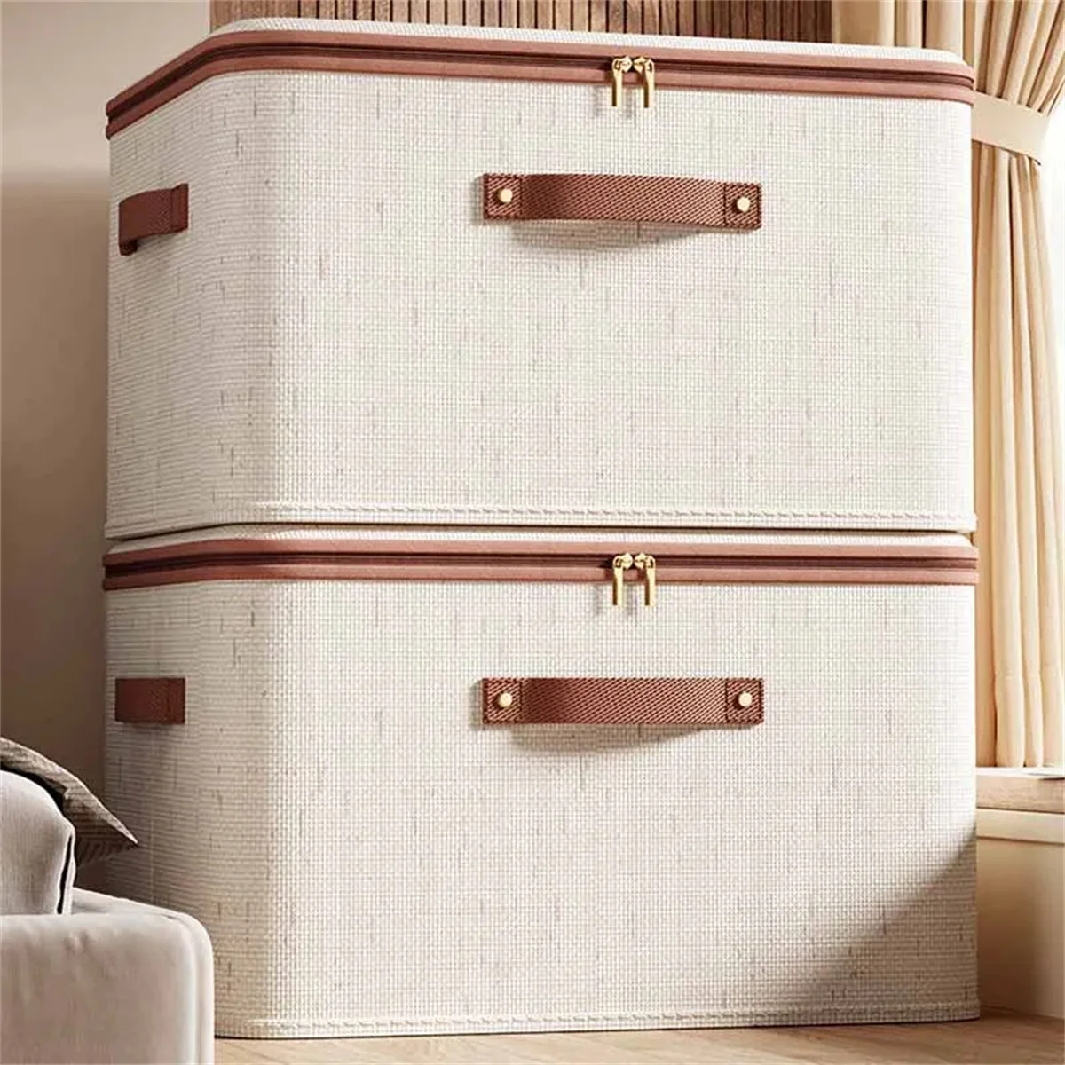 Large Household Storage Box Heavy-duty Hard Shell Cotton Linen Zipper Storage Organizer Box with Lid for Clothes Toys Blankets ﻿