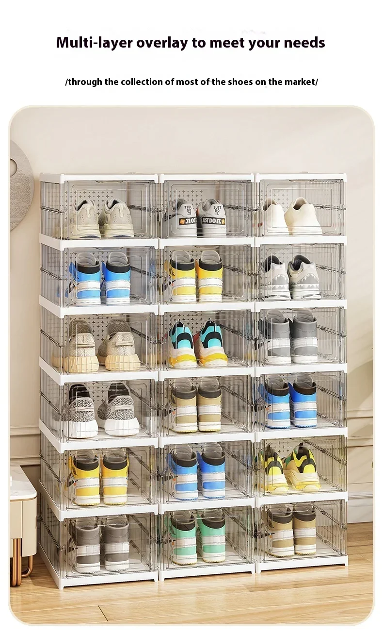 Dustproof 6 Layers Foldable Shoes Box Stackable Transparent Thickened Plastic Bins Sneaker Shoe Organizer Cabinet Organizers