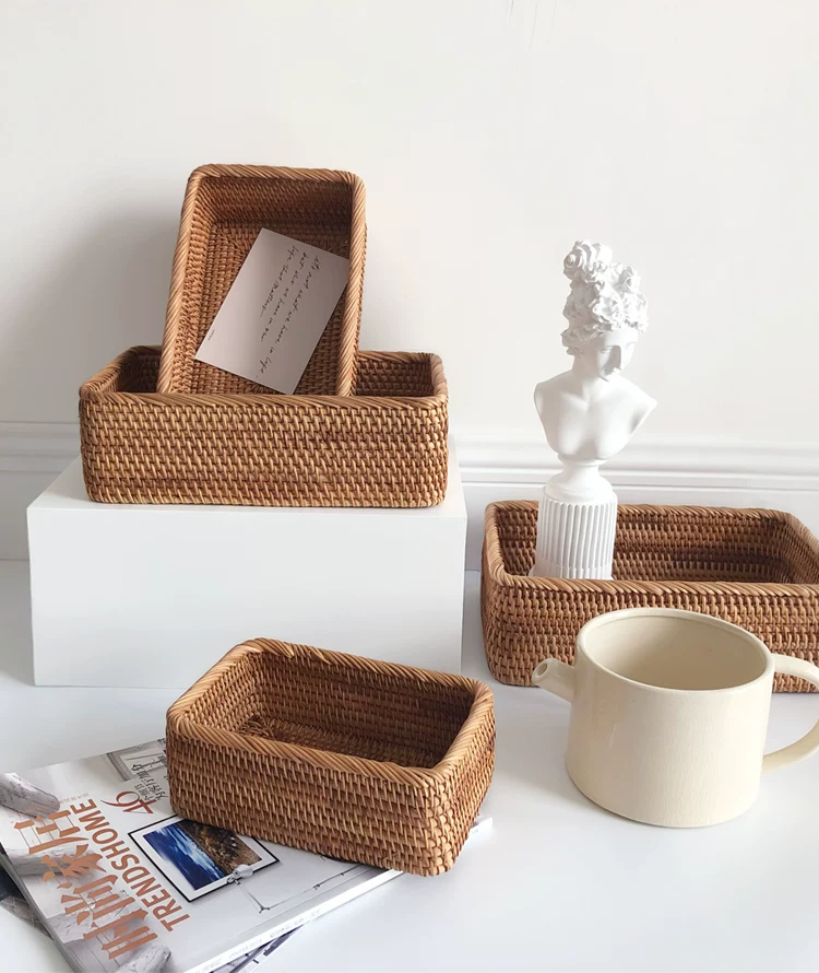 Hand-woven Rattan Wicker Basket Fruit Tea Snack Bread Basket Cosmetic Rectangular Storage Box Household Kitchen Supplies