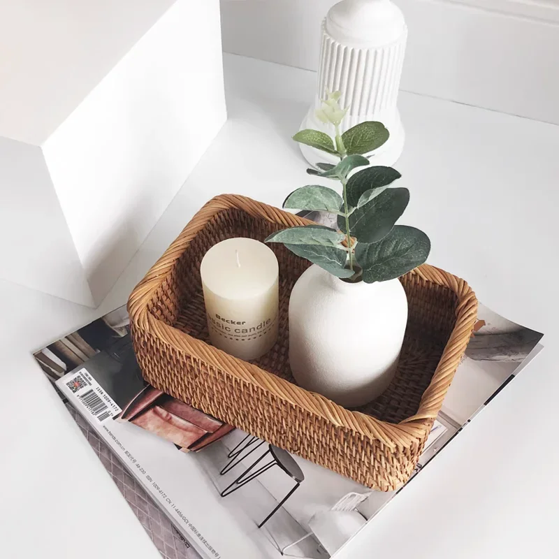 Hand-woven Rattan Wicker Basket Fruit Tea Snack Bread Basket Cosmetic Rectangular Storage Box Household Kitchen Supplies Hand-woven Rattan Wicker Basket Fruit Tea Snack Bread Basket Cosmetic Rectangular Storage Box Household Kitchen Supplies