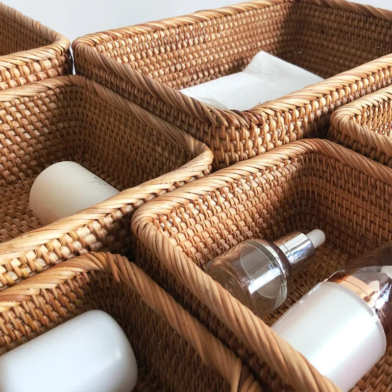 Hand-woven Rattan Wicker Basket Fruit Tea Snack Bread Basket Cosmetic Rectangular Storage Box Household Kitchen Supplies Hand-woven Rattan Wicker Basket Fruit Tea Snack Bread Basket Cosmetic Rectangular Storage Box Household Kitchen Supplies